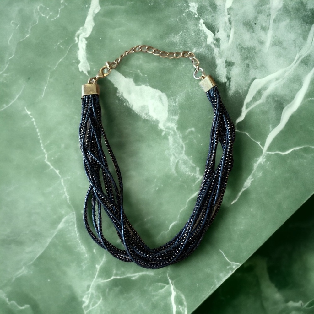 Black beaded layered choker necklace gold chain